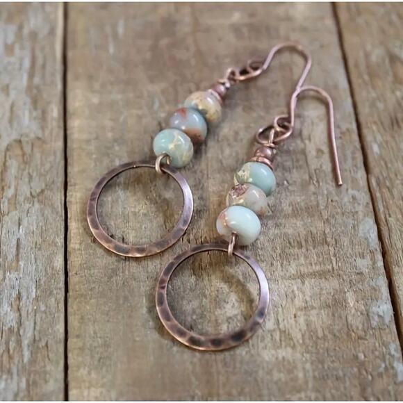 Bohemian Style Beaded Circle Drop Earrings, Red Copper Style Dangle Earrings - Picture 1 of 10